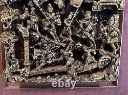 Antique Qing Dynasty Intricate Wooden Carved Panel Battle Scene- Framed
