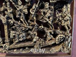 Antique Qing Dynasty Intricate Wooden Carved Panel Battle Scene- Framed