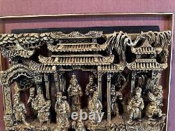 Antique Qing Dynasty Intricate Wooden Carved Panel Battle Scene- Framed