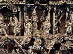 Antique Qing Dynasty Intricate Wooden Carved Panel Battle Scene- Framed