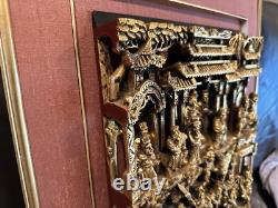 Antique Qing Dynasty Intricate Wooden Carved Panel Battle Scene- Framed