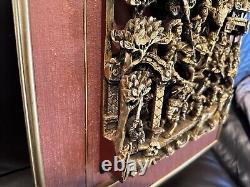 Antique Qing Dynasty Intricate Wooden Carved Panel Battle Scene- Framed