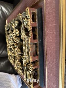 Antique Qing Dynasty Intricate Wooden Carved Panel Battle Scene- Framed