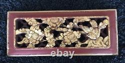 Antique Red Lacquer & Gilt CHINESE CARVED PANEL Bird & Flowers