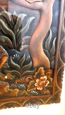 Antique Relief Hand Carved /Colored Wood Panel Indonesia Bali Hindu Rama -Framed