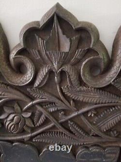 Antique Sculpted Carved Wood Table Top Panel Folk Art Vintage Flowers Snakeskin