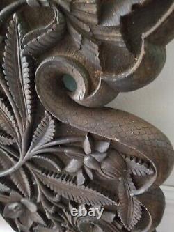 Antique Sculpted Carved Wood Table Top Panel Folk Art Vintage Flowers Snakeskin