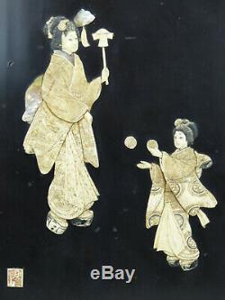 Antique Signed Shibayama Japanese Lacquer with Carved Figures Menji Panel