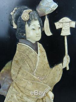 Antique Signed Shibayama Japanese Lacquer with Carved Figures Menji Panel