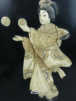 Antique Signed Shibayama Japanese Lacquer with Carved Figures Menji Panel