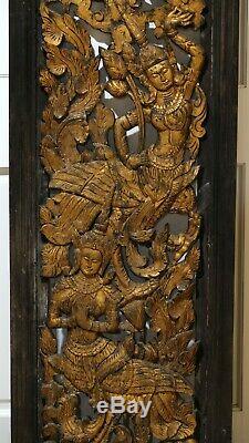 Antique Thai Dark Golden Hand Carved Wood Panel & Frame Masterful 53 X 20