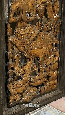 Antique Thai Dark Golden Hand Carved Wood Panel & Frame Masterful 53 X 20
