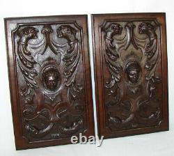 Antique Victorian Carved 16x11 Furniture or Cabinet Door Panel PAIR, Mascarons