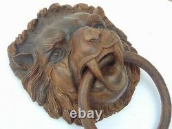 Antique Vintage Carved Wood Lion Head & Ring Furniture/ Panel / Wall Decoration