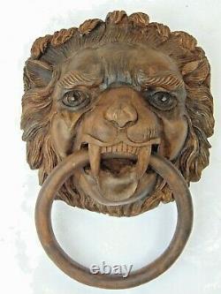 Antique Vintage Carved Wood Lion Head & Ring Furniture/ Panel / Wall Decoration