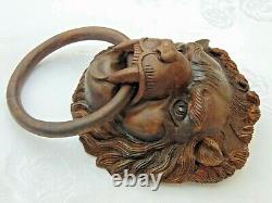 Antique Vintage Carved Wood Lion Head & Ring Furniture/ Panel / Wall Decoration