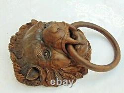 Antique Vintage Carved Wood Lion Head & Ring Furniture/ Panel / Wall Decoration