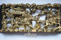 Antique Vintage Chinese Gilt Wood Lacquered Carved Wooden Panel, Woodcarving