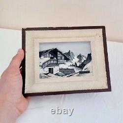 Antique White & Black Carved Wood Wall Plaque Wooden Relief Panel Rural Scene 9