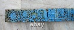 Antique Wood Hand Carved Hindu God Ganesha Flower Figure Blue Pained Door Panel