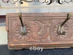 Antique Wood Hand Carved Peacock Wall Hanger Hook Panel 1800's South India