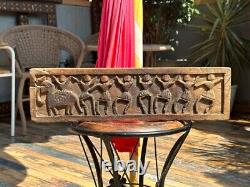 Antique Wood Hand Carved Tribal Men Elephant Figurine Wall Panel 19.5 x 5.5'
