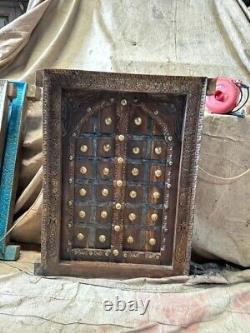 Antique Wooden Brass Fitted Wall Decor Door Panel Original Old Fine Hand Carved