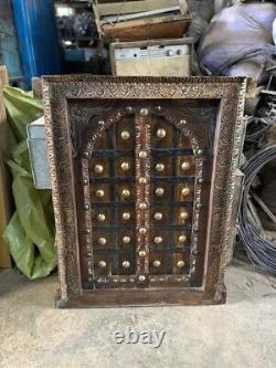 Antique Wooden Brass Fitted Wall Decor Door Panel Original Old Fine Hand Carved