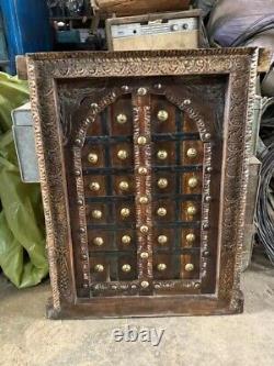 Antique Wooden Brass Fitted Wall Decor Door Panel Original Old Fine Hand Carved