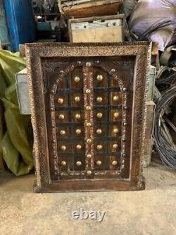 Antique Wooden Brass Fitted Wall Decor Door Panel Original Old Fine Hand Carved