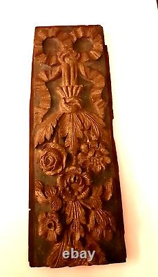 Antique Wooden Carved Flowers Architectural Panel Wall Hanging