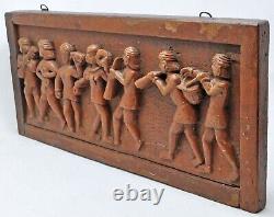 Antique Wooden Musicians Procession Decorative Carving Panel Original Old
