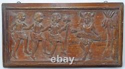 Antique Wooden Tribal Musicians Decorative Carving Panel Original Hand Carved