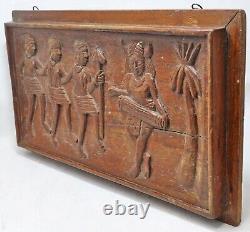 Antique Wooden Tribal Musicians Decorative Carving Panel Original Hand Carved