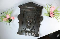 Antique black forest wood carved wall panel plaque lion head chapel rare