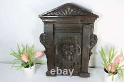 Antique black forest wood carved wall panel plaque lion head chapel rare