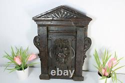 Antique black forest wood carved wall panel plaque lion head chapel rare