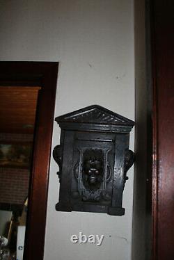 Antique black forest wood carved wall panel plaque lion head chapel rare