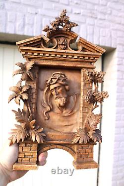 Antique black forest wood carved wall panel relief christ floral decor rare