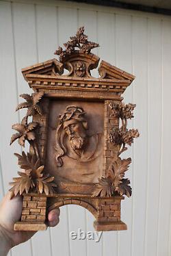 Antique black forest wood carved wall panel relief christ floral decor rare