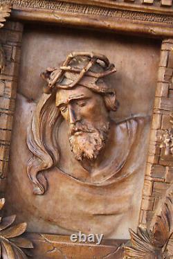 Antique black forest wood carved wall panel relief christ floral decor rare