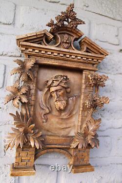 Antique black forest wood carved wall panel relief christ floral decor rare
