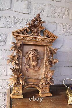 Antique black forest wood carved wall panel relief christ floral decor rare