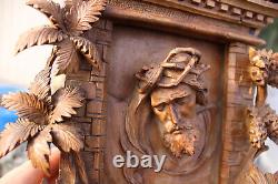 Antique black forest wood carved wall panel relief christ floral decor rare