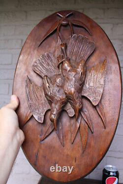 Antique black forest wood carved wall partidge hunting trophy panel plaque