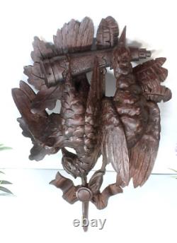 Antique black forest wood carving wall plaque panel hunting trophy birds