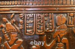 Antique egyptian carved wood relief panel with figures & hieroglyphs