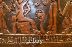 Antique egyptian carved wood relief panel with figures & hieroglyphs