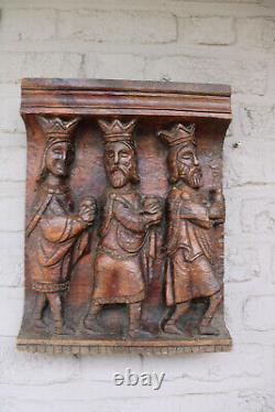 Antique french wood carved religious three kings nativity religious panel plaque