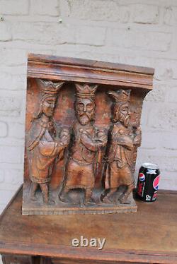 Antique french wood carved religious three kings nativity religious panel plaque